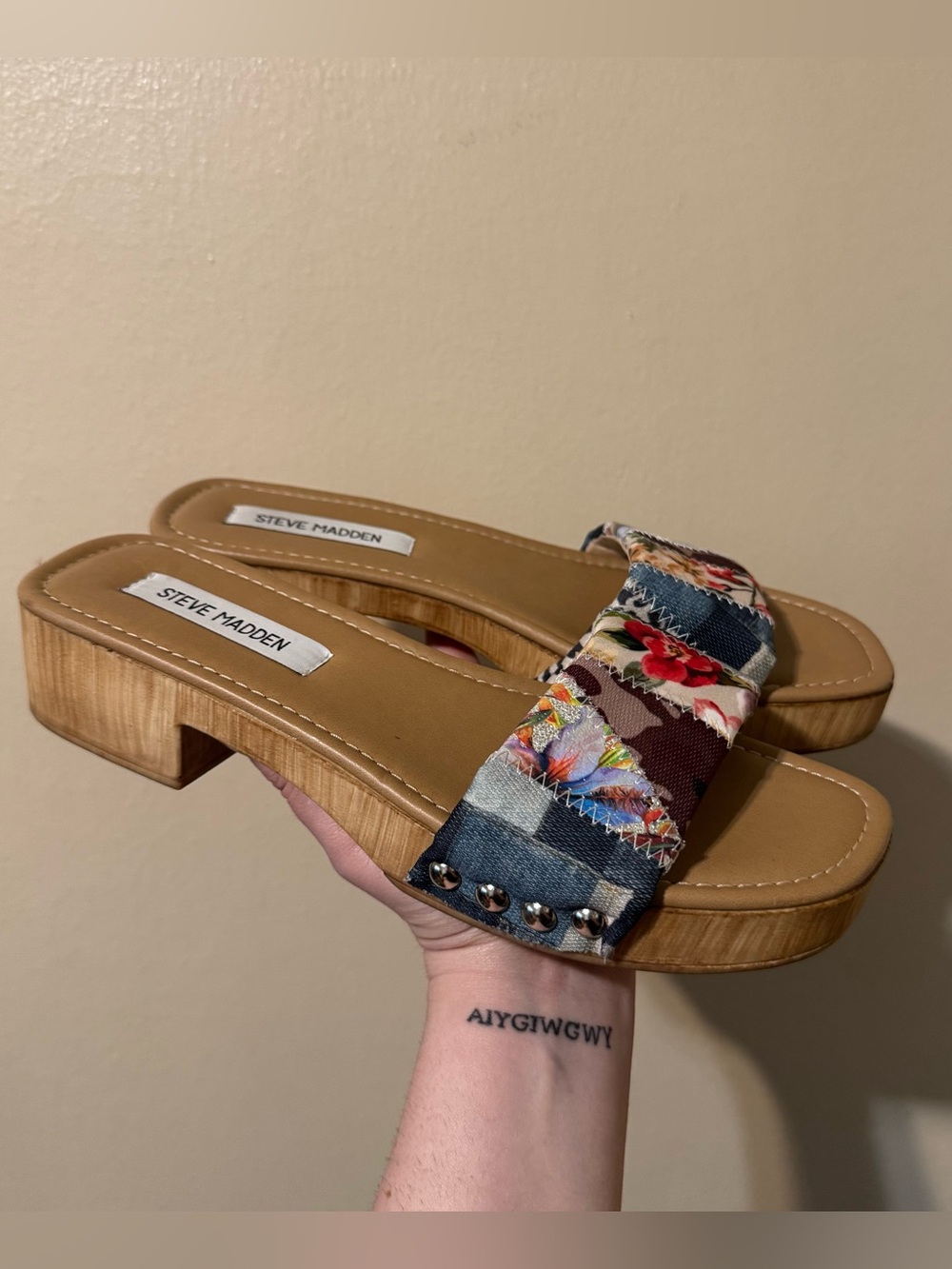 Vintage 90s Steve Madden patchwork wooden platform heels
